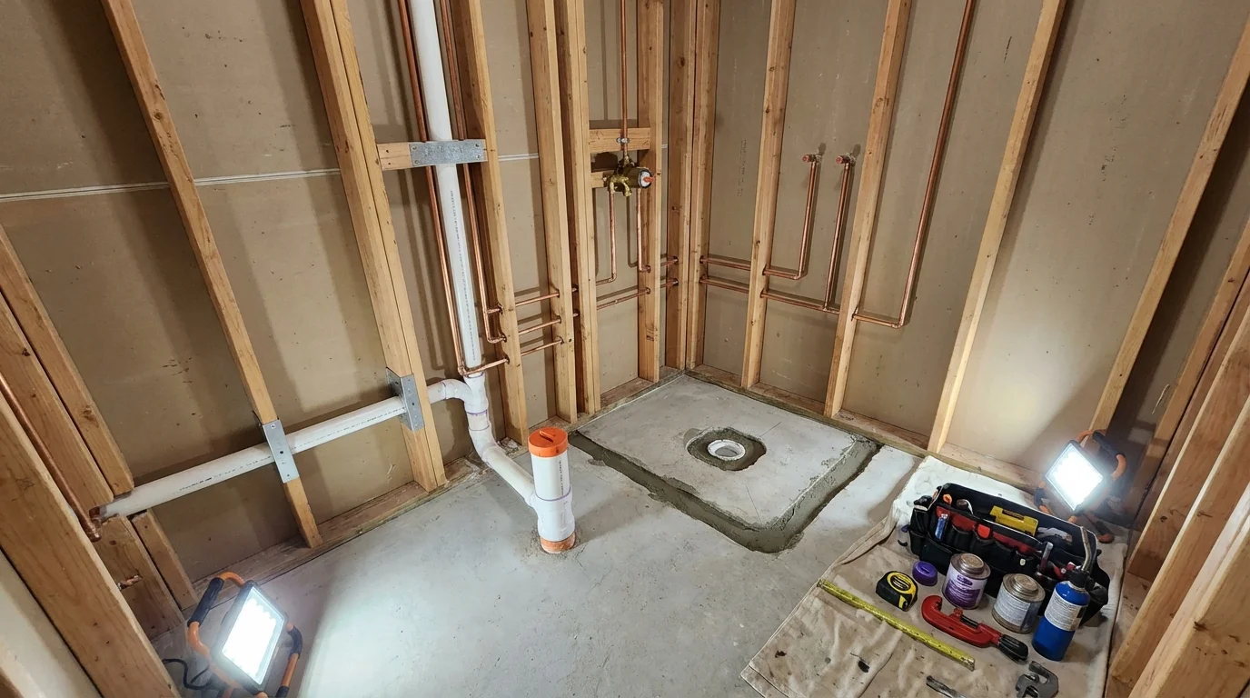 Bathroom rough-in plumbing during remodel by Johns Plumbing LLC in Hinsdale