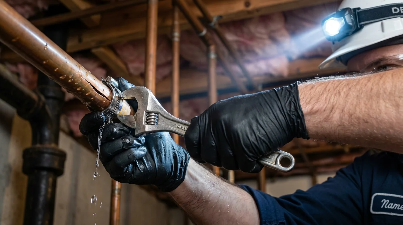 Emergency pipe clamp repair being performed by a Johns Plumbing LLC plumber in Hinsdale