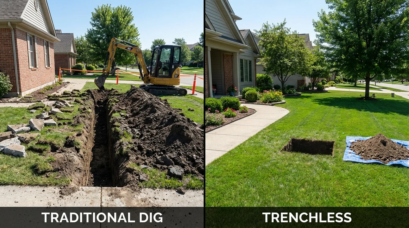 Trenchless sewer repair with minimal yard damage versus traditional excavation in Hinsdale, MA