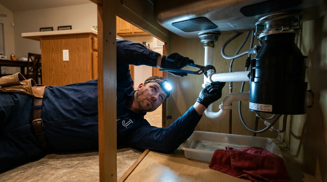 P-trap and supply line connections under a kitchen sink showing a common leak point in Hinsdale, MA